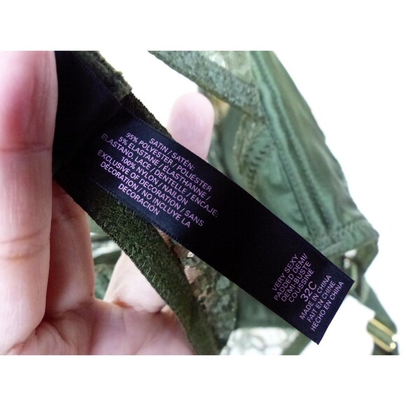 Victoria’s Secret Very Sexy Bustier Demi Bra 32C Olive Green Lace Satin Pin Up - Picture 12 of 14